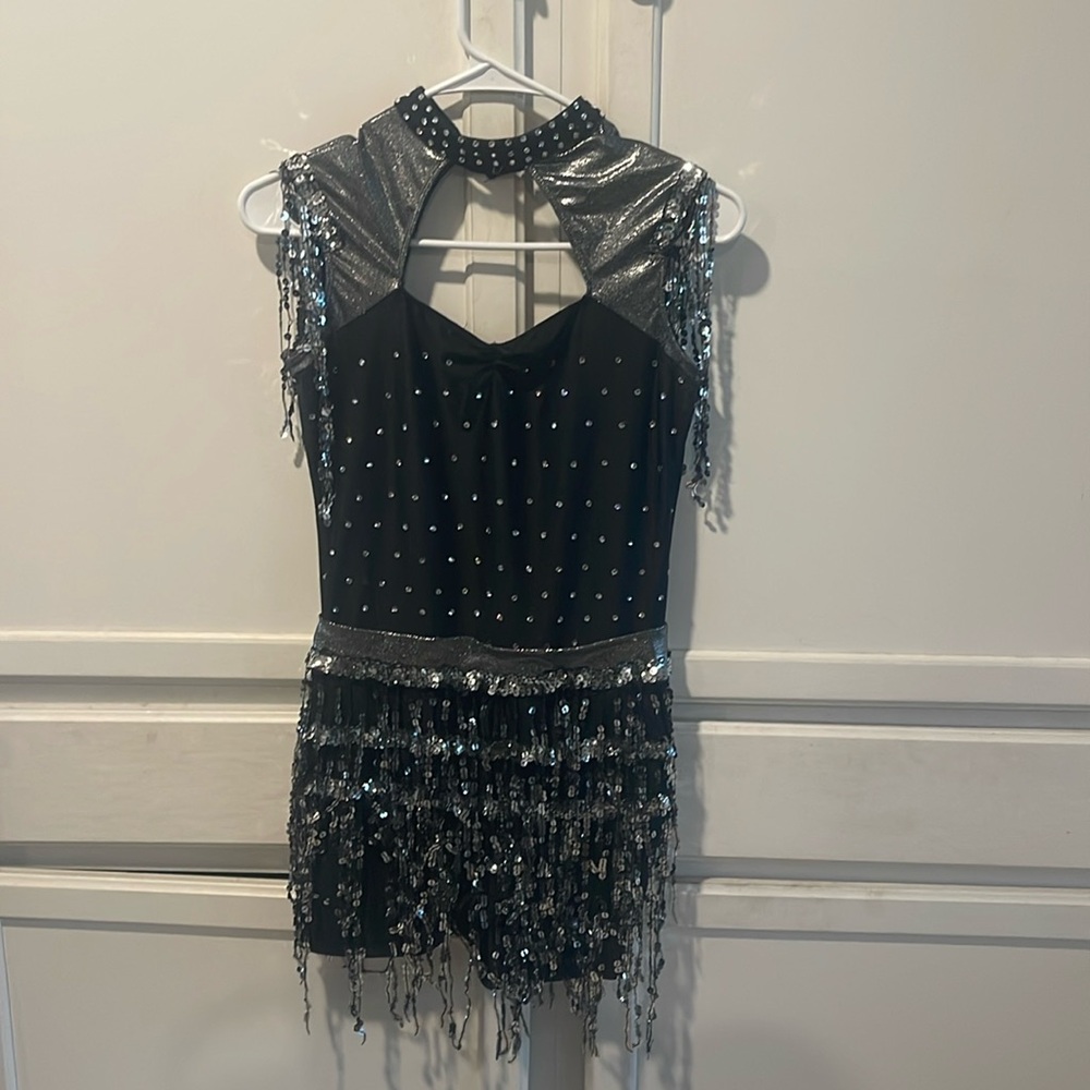 Medium adult One piece Black and silver dance costume with sequence fringe